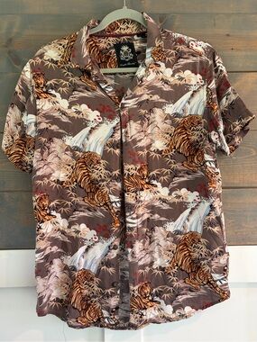 Men’s English Laundry Tiger King Hawaiian Print Button Down Shirt Medium Unique